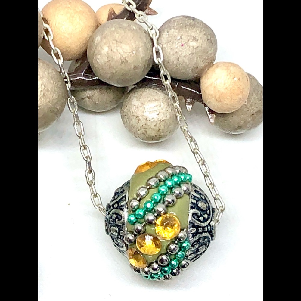 Gold Crystal Teal Silver Beaded Olive Green Boho Bali Bead 18" Chain Necklace